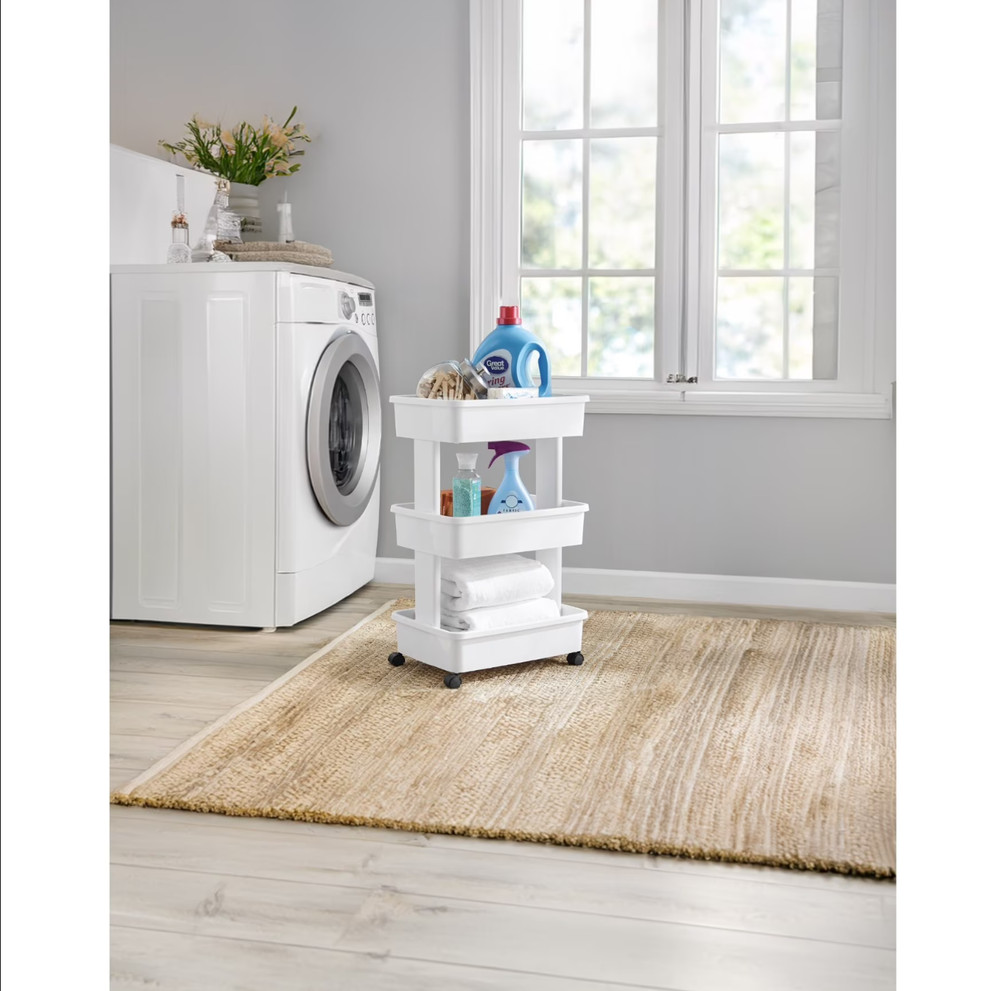 Mainstays 3-Tier Plastic Rolling Laundry Cart, Arctic White