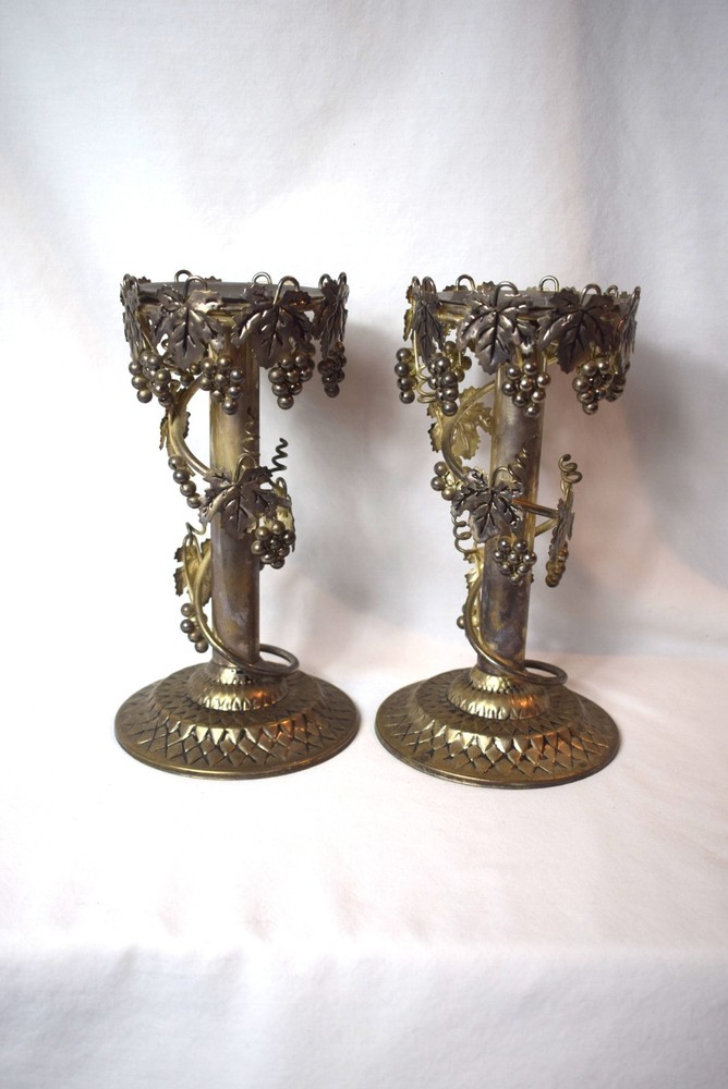 Vintage Pair Studio Silversmith Silver Plated Grape Vine Leaves Candlesticks