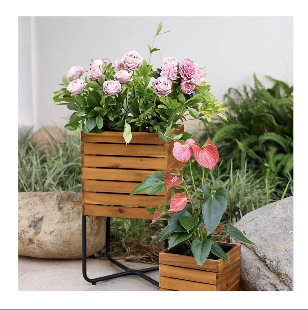Acacia Square Planter with Drain Holes, 2-Pc.
