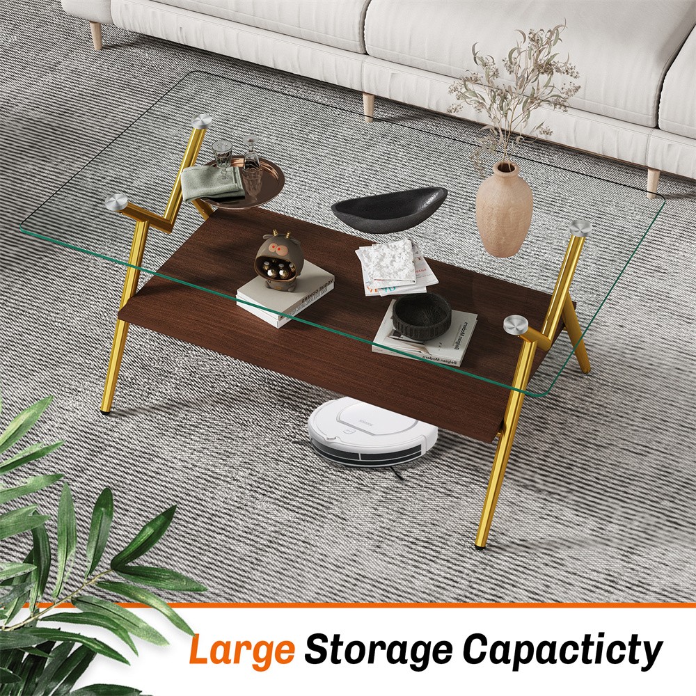 Tempered Glass Coffee Table Rectangular Coffee Table with Storage Shelf