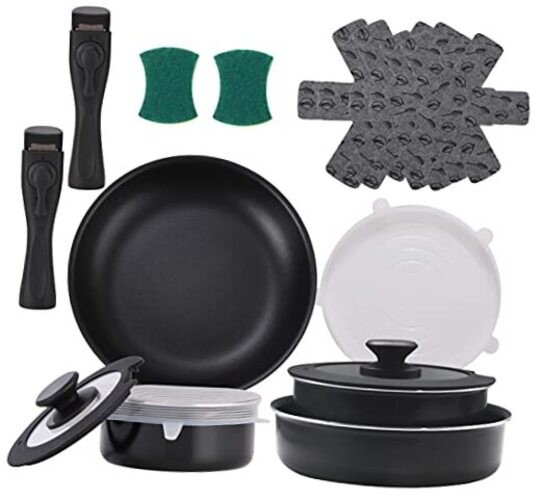 16 Pieces Kitchen Removable Handle Cookware Sets, Stackable Pots and 16 pcs