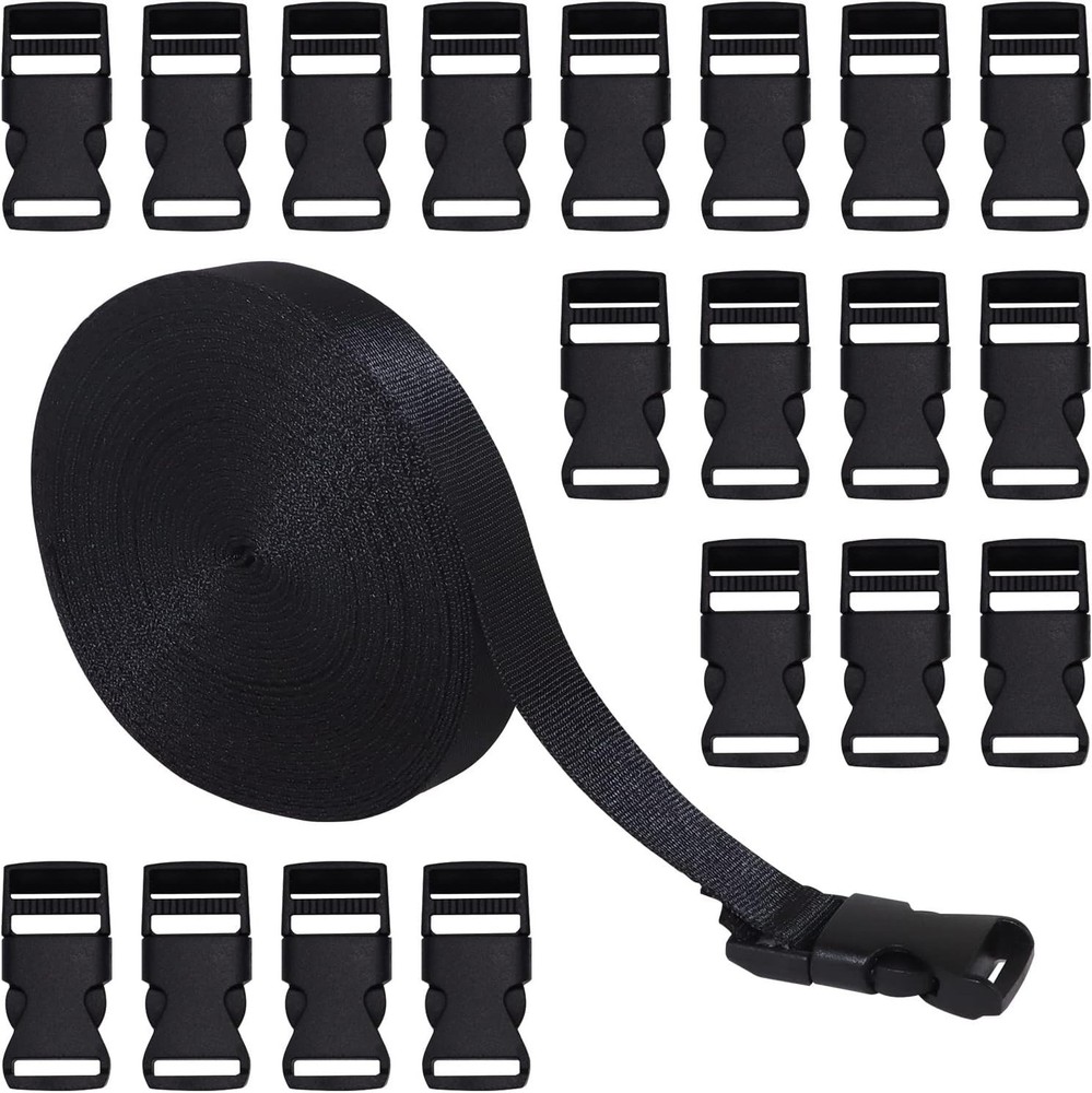 20Pack Plastic Side Release Buckles with 15mm 10Yd Black Nylon Webbing Strap