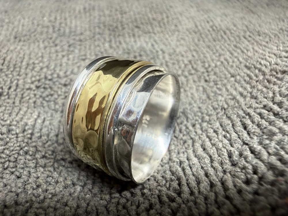 Solid 925 Sterling Silver with Brass Two Tone Fidget Spinner Worry Handmade Ring