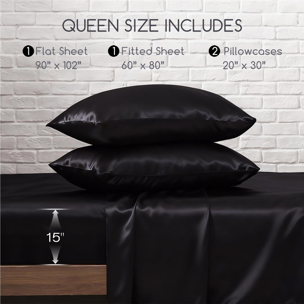 Queen Satin Bed Sheets Set - 4 Pcs Silky Bedding with Deep Pocket Straps