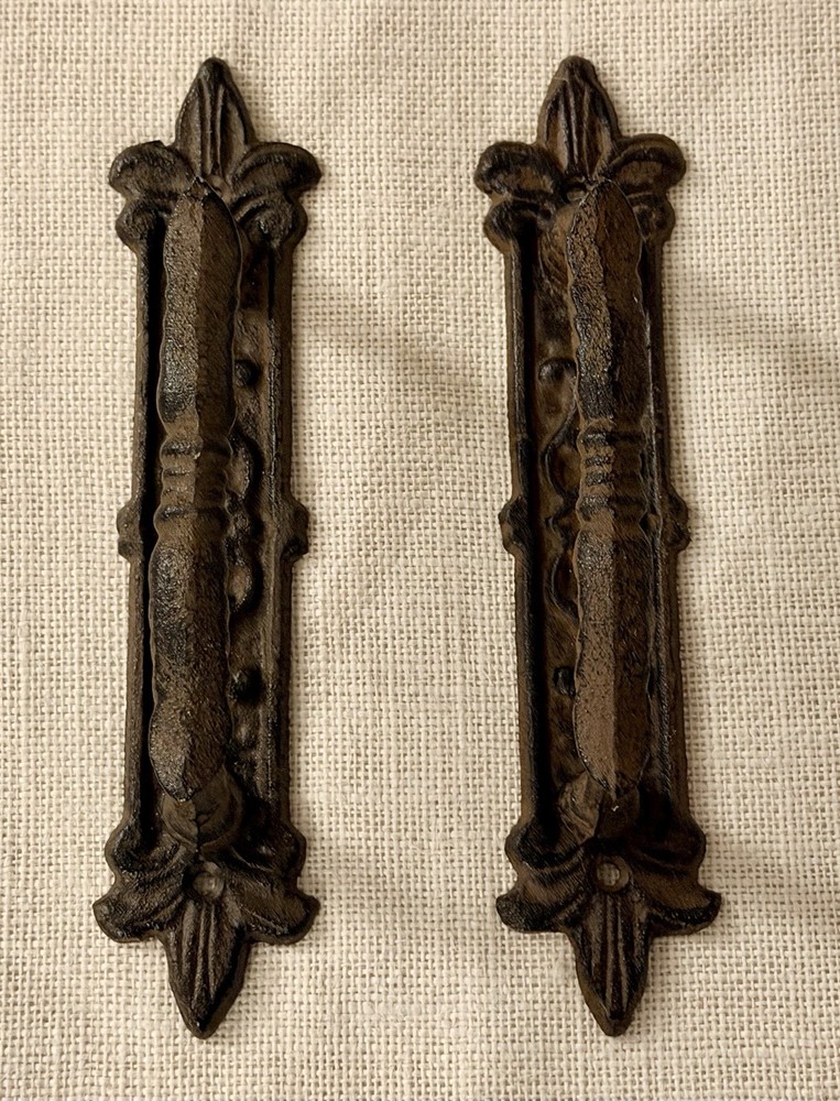 2 Large Victorian Door Handle Pull Cast Iron Fleur De Lis Design Rustic Gothic