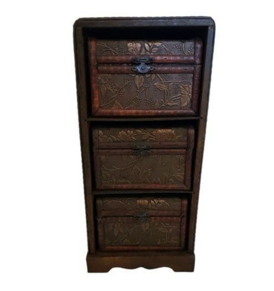 3 Small Storage Trunks in Shelving Unit