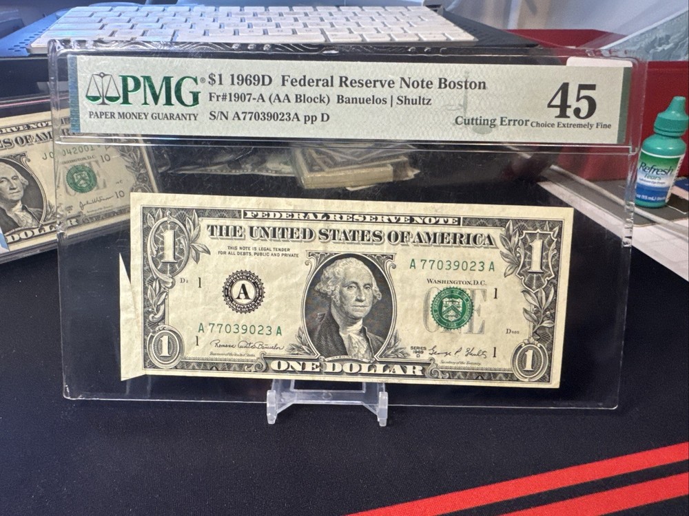 $1 Federal Reserve Bank Note - 1969D - Error Note - PMG 45 - Cutting Error