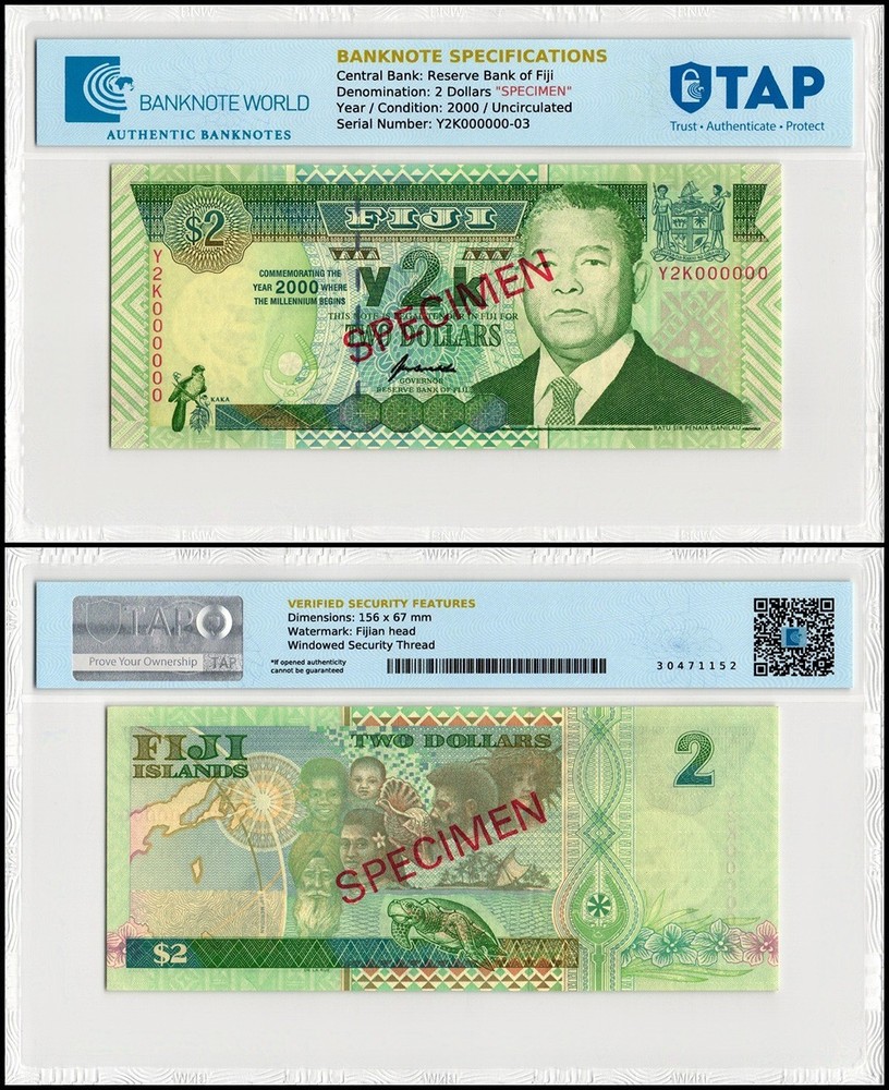 Fiji 2 Dollars, 2000, P-102s, UNC, Specimen, TAP Authenticated