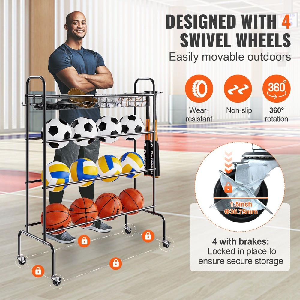 4-Layer Steel Ball Rack w/ 4 Locking Casters 3 Hooks & 2 Removable Baskets