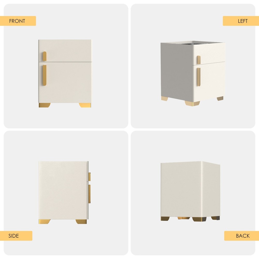 Off-white smart bedside table with safe, wireless charging + three-color light