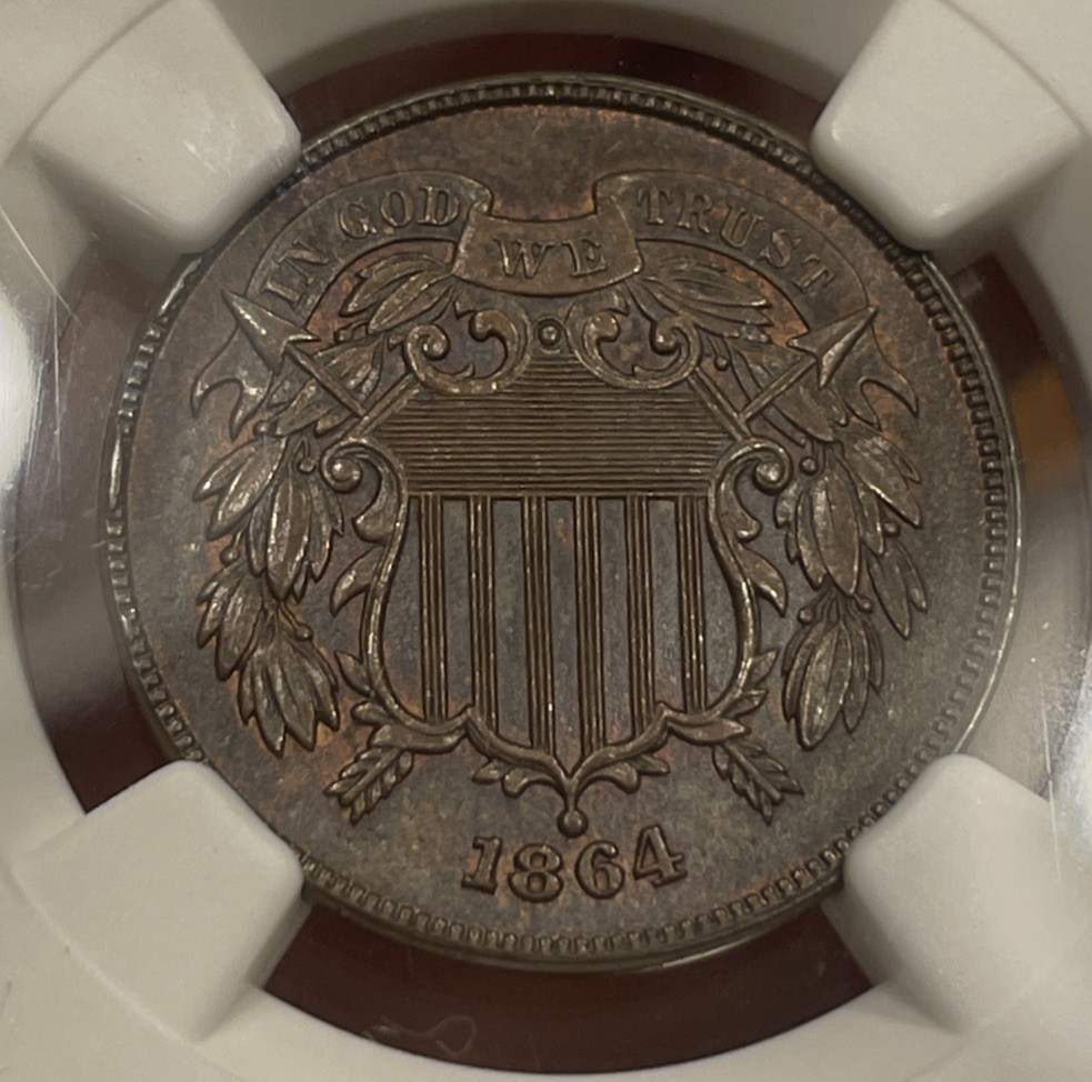 1864 Two Cent Piece 2c NGC AU58 BN Mechanical Error On Label