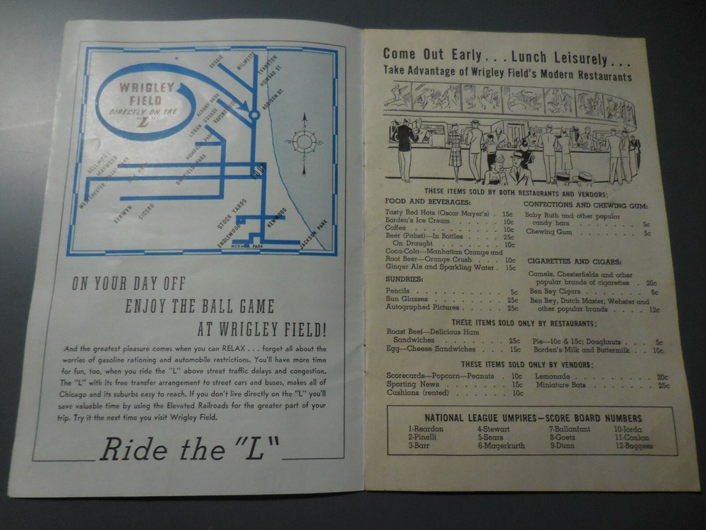1944 Brooklyn Dodgers at Cubs Wrigley Field Program Unscored