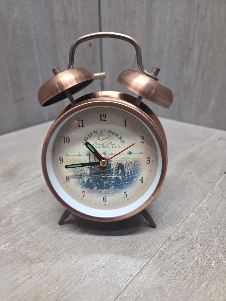 John Deere, aged copper, single hammer alarm clock. Works! Nice!