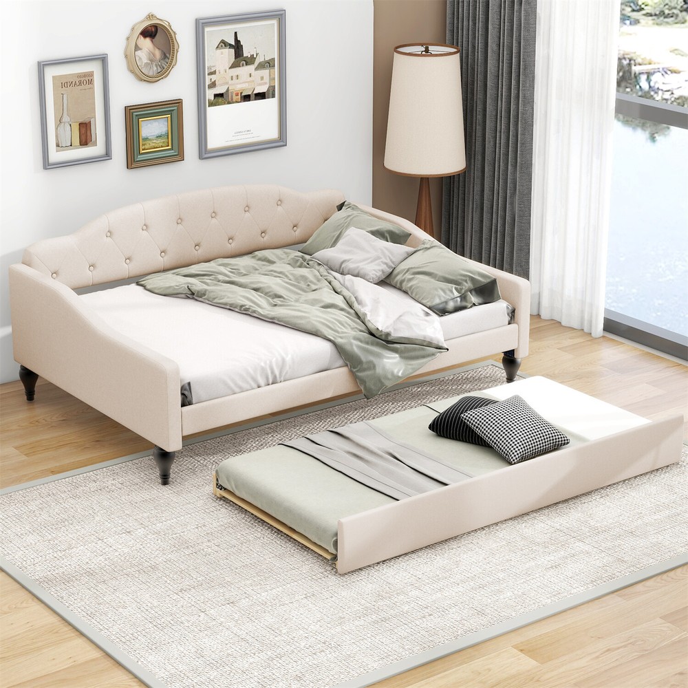 Full Size Daybed w/ Pull-Out Trundle Bed Upholstered Bed Frame Sofa Bed Beige US