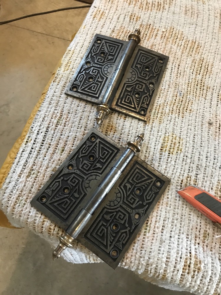 Two antique cast-iron and brass hinge 6”