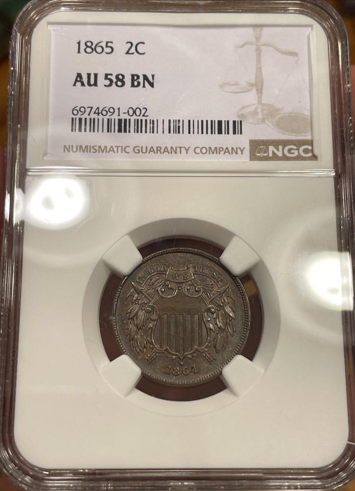 1864 Two Cent Piece 2c NGC AU58 BN Mechanical Error On Label