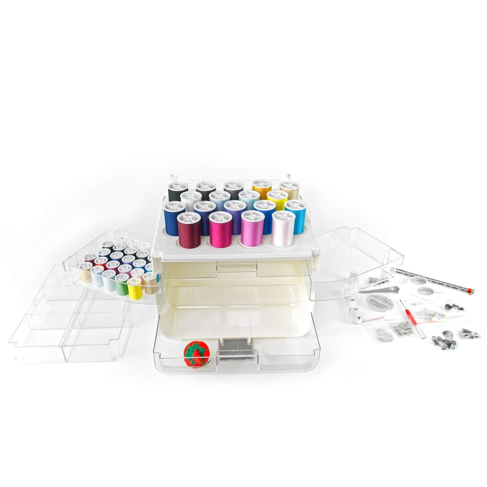 Portable Sewing Tool Set with 40 Thread Spools and Customizable Storage System
