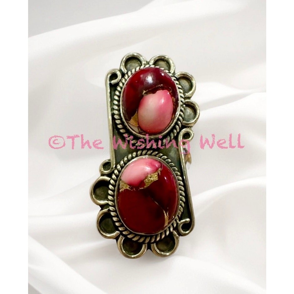 Red Rose Dahlia Two Stone Sterling Boho Ring Size 7