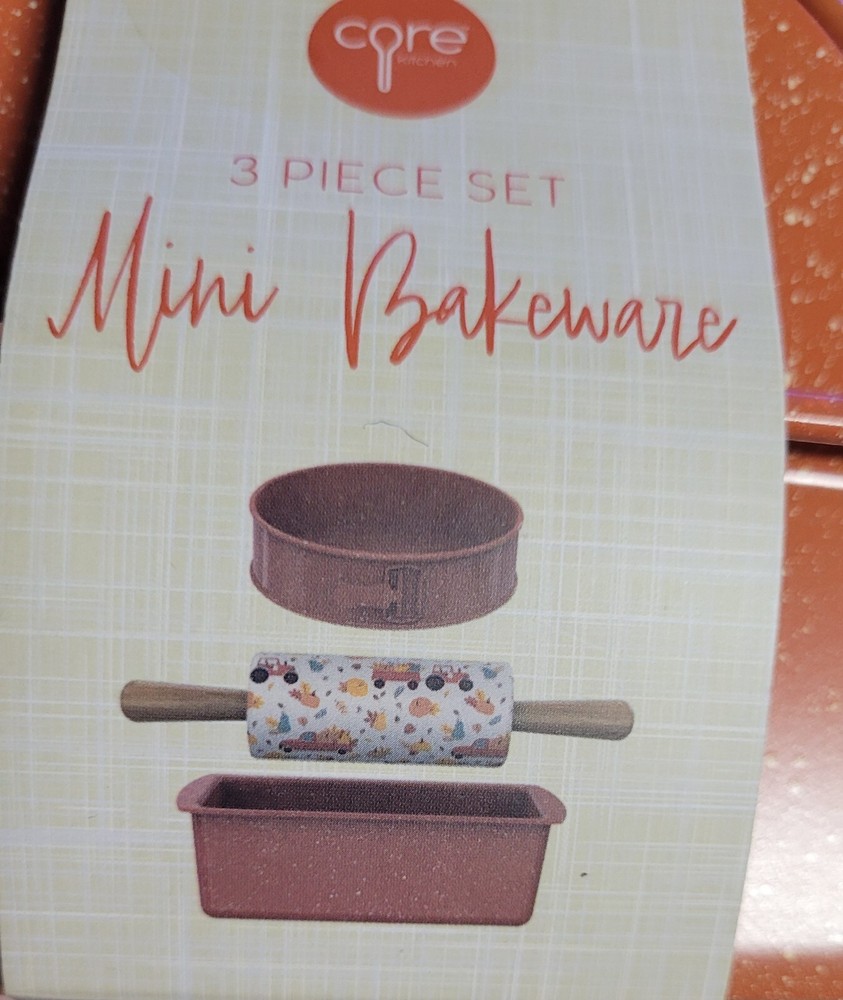 3 Pc Mini Bakeware Set Fall Loaf, Spring Form Tractor, Leaf, Pumpkin Rolling Pin