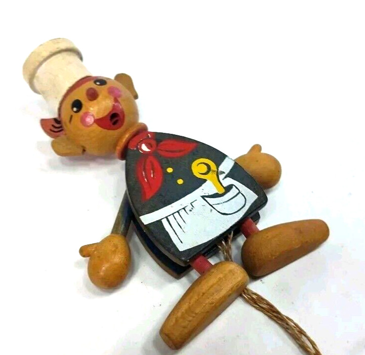 Vintage 1963 Gregor Creations Chef Wooden Pull String Toy