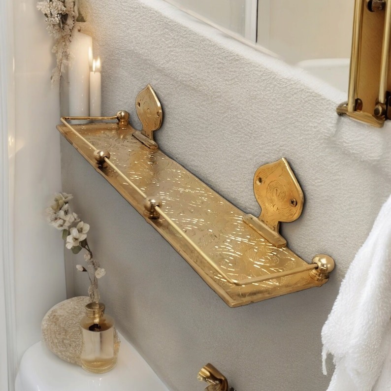Engraved Solid Brass Wall Mounted Bathroom Shelf, Moroccan Handmade Brass Bathro