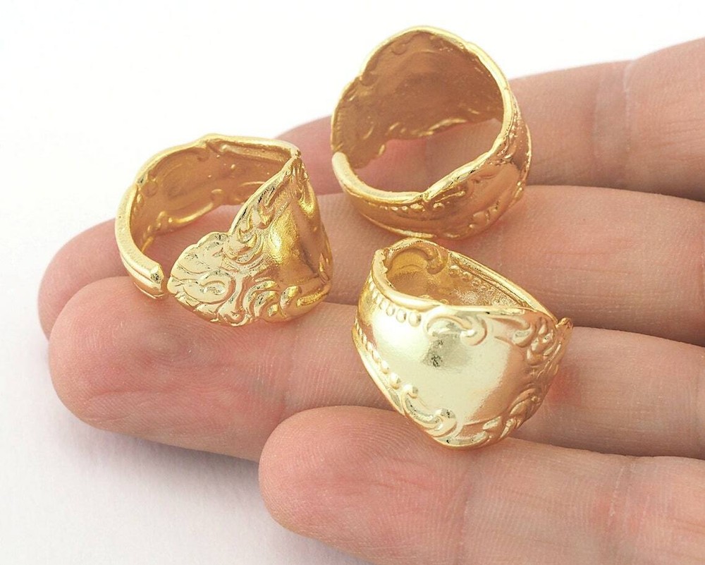 Spoon Ring Flower Patterned Adjustable  Gold Plated Brass (18mm 8US size 3221