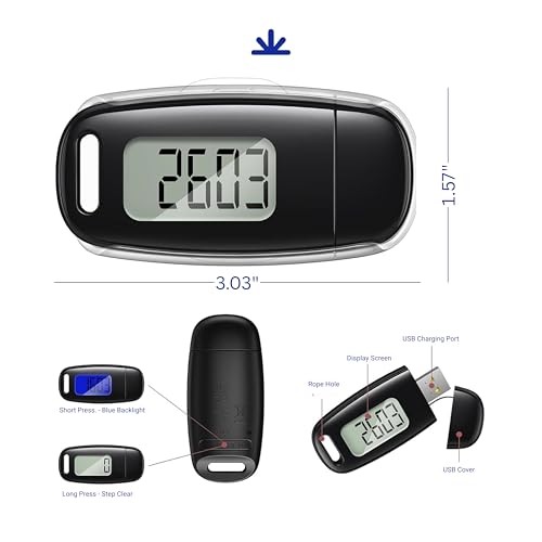 Ae Rechargeable 3D Pedometer with Step Counter – Silent Moti Sensor, Large LCD