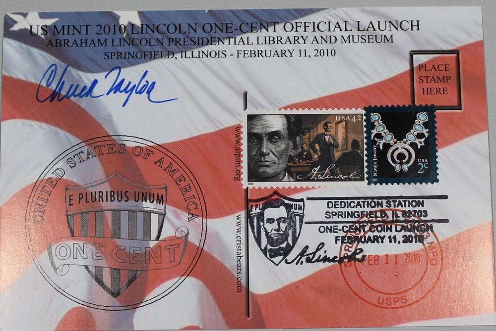 2010 LINCOLN CENT SHIELD RELEASE CEREMONY POST CARD STAMPED CANCELLED SIGNED