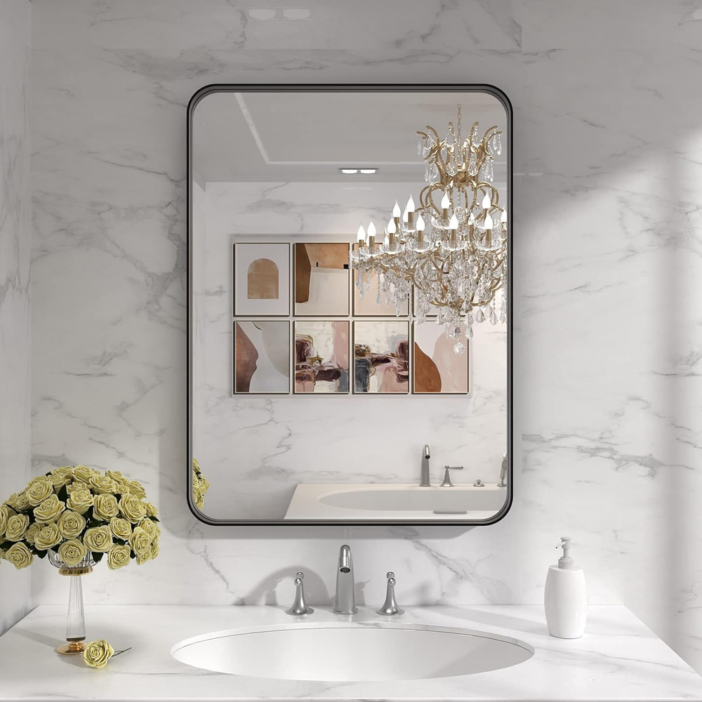 Matte Black Rounded Rectangle Bathroom Mirror, 22x30 Inch, Anti-Rust, Versatile