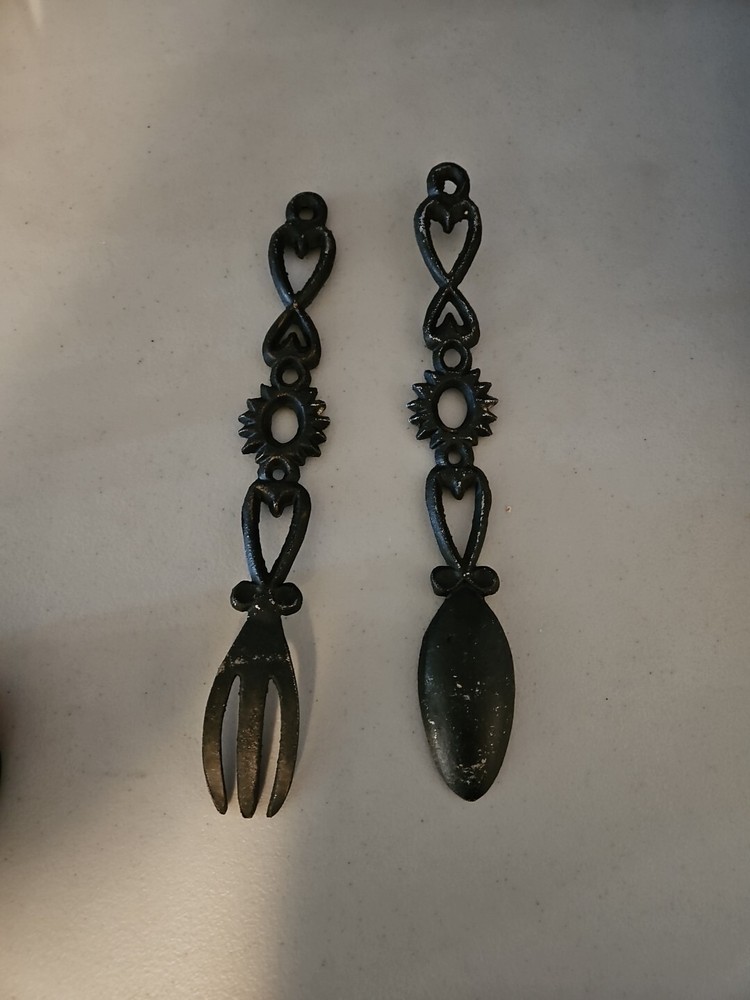 Decorative Heavy Black Cast Iron Fork and Spoon Set 12" Long