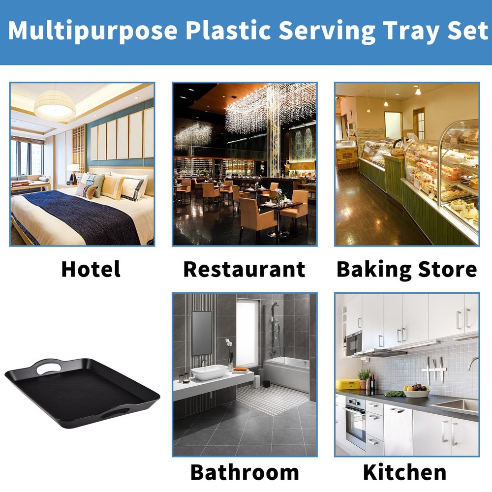 Plastic Tray with Handles, 2 Pack Multi-Purpose Rectangular Large, Black-a