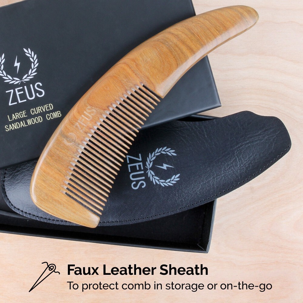 Zeus Large Curved Sandalwood Beard Comb with Sheath