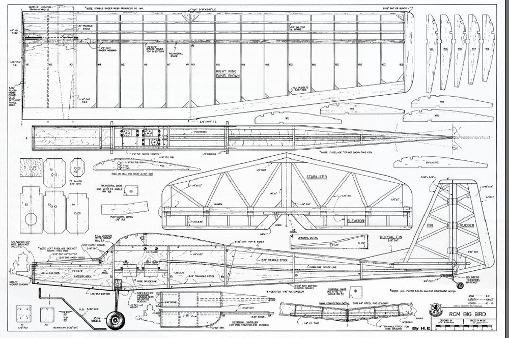 Original Big Bird 84 inch wing Balsa Remote Control Airplane Printed Plans