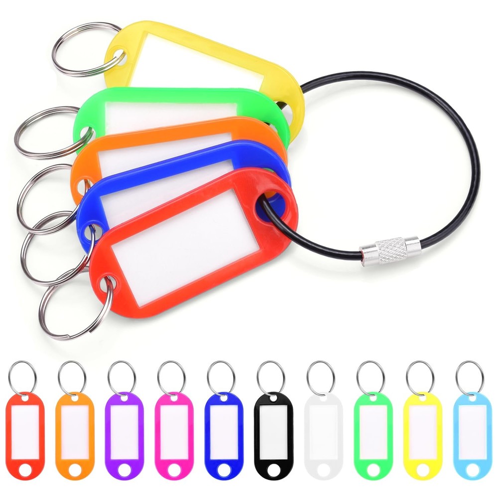 10 Pack Plastic Key Tags with Labels and Split Ring, Black Keychain Cable and...