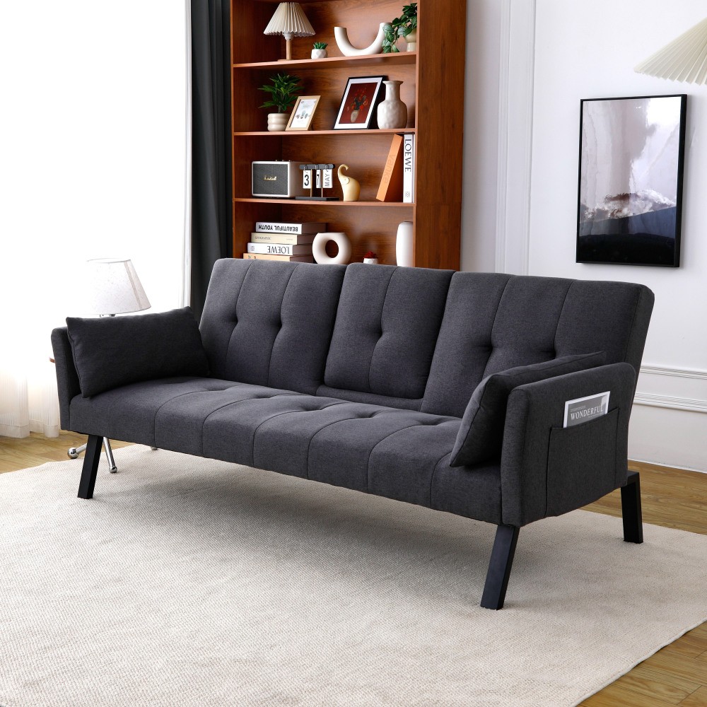 70-inch Multi-functional Cotton and Linen Sofa Bed, Foldable Side Storage