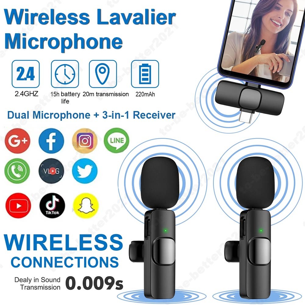 Wireless Lavalier Microphone Vlog Live Stream Mic For Phone Android iPhone ipad