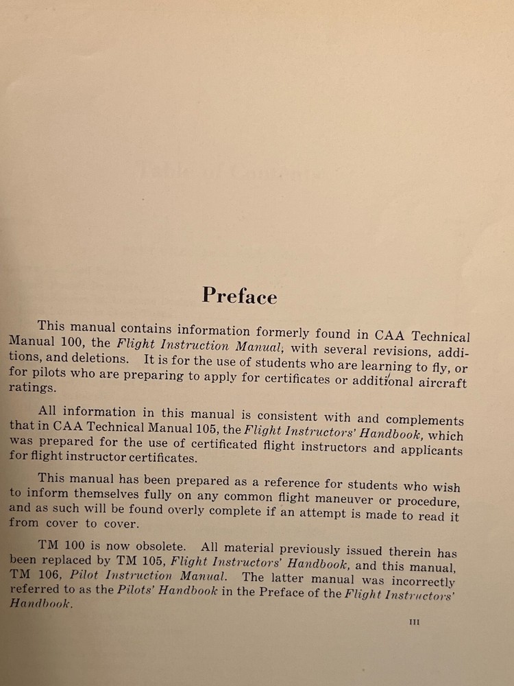 1958 US Dept. Commerce C.A.A. Technical Manuel #106 Pilot Instruction Manual