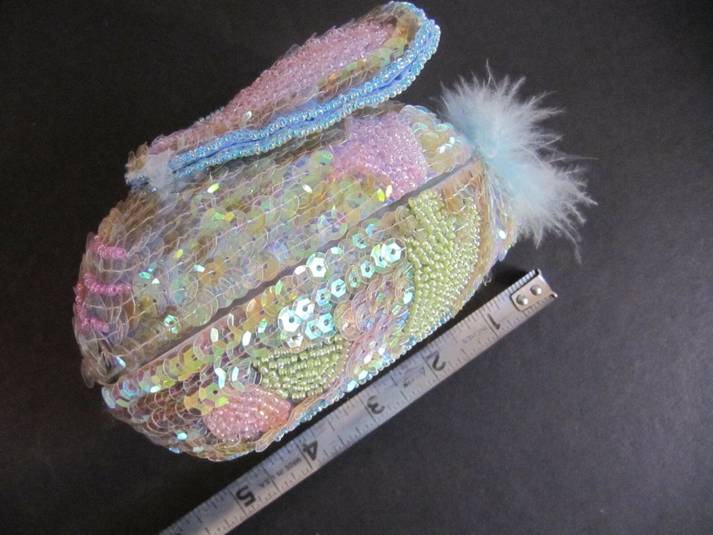 Sequin Beaded Easter GREEN Bunny Rabbit Egg Trinket Box Candy Container