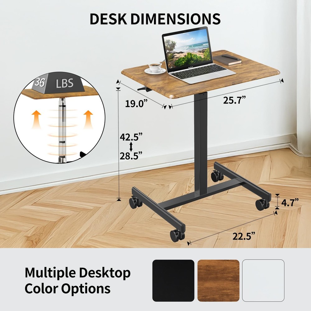 Adjustable Rolling Desk Stand, Lockable, Compact, Height-Modifiable (Brown)