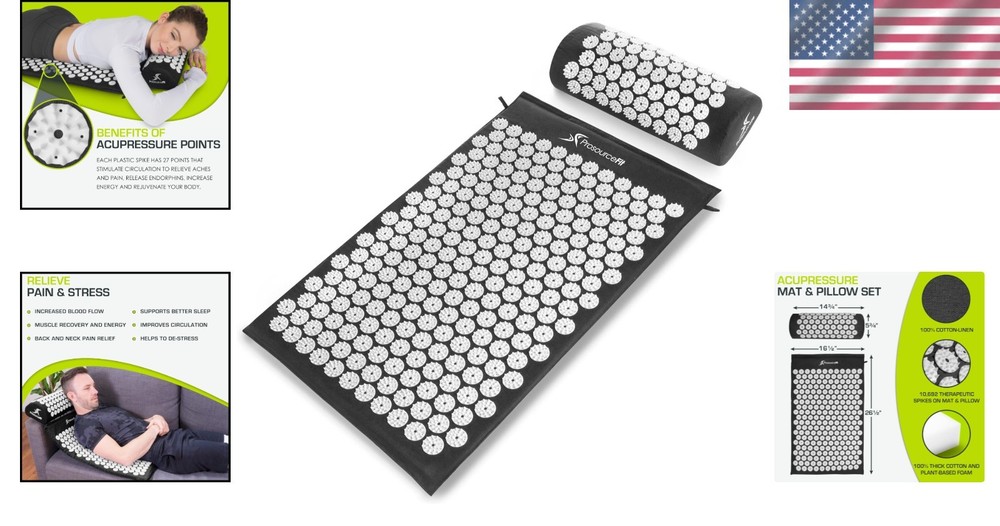 Black/White Acupressure Mat and Pillow Set - Neck & Back Relief Solution
