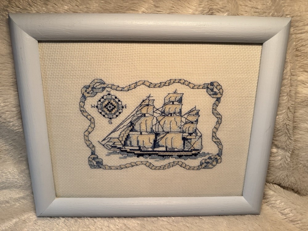 Framed Finished Nautical Ship Compass Cross Stitch Wall Decor Art Blue Beach
