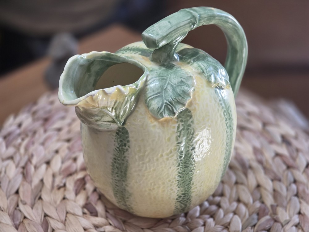Studio Art Pitcher Leafy Melon Shaped Pitcher W/ Leafy Spout & Stem Handle