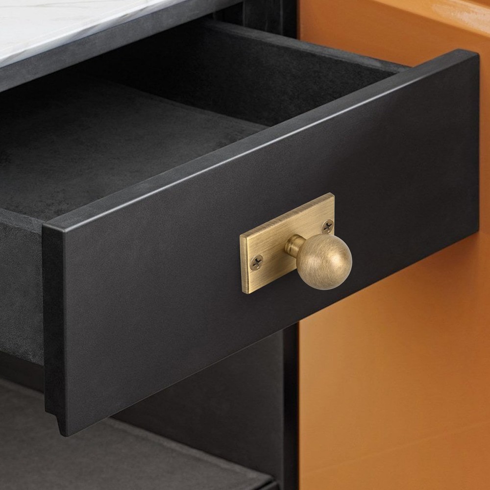 Solid Brass Cabinet Knob with Backplate 5 Pack- Antique Brass Drawer Pulls an...