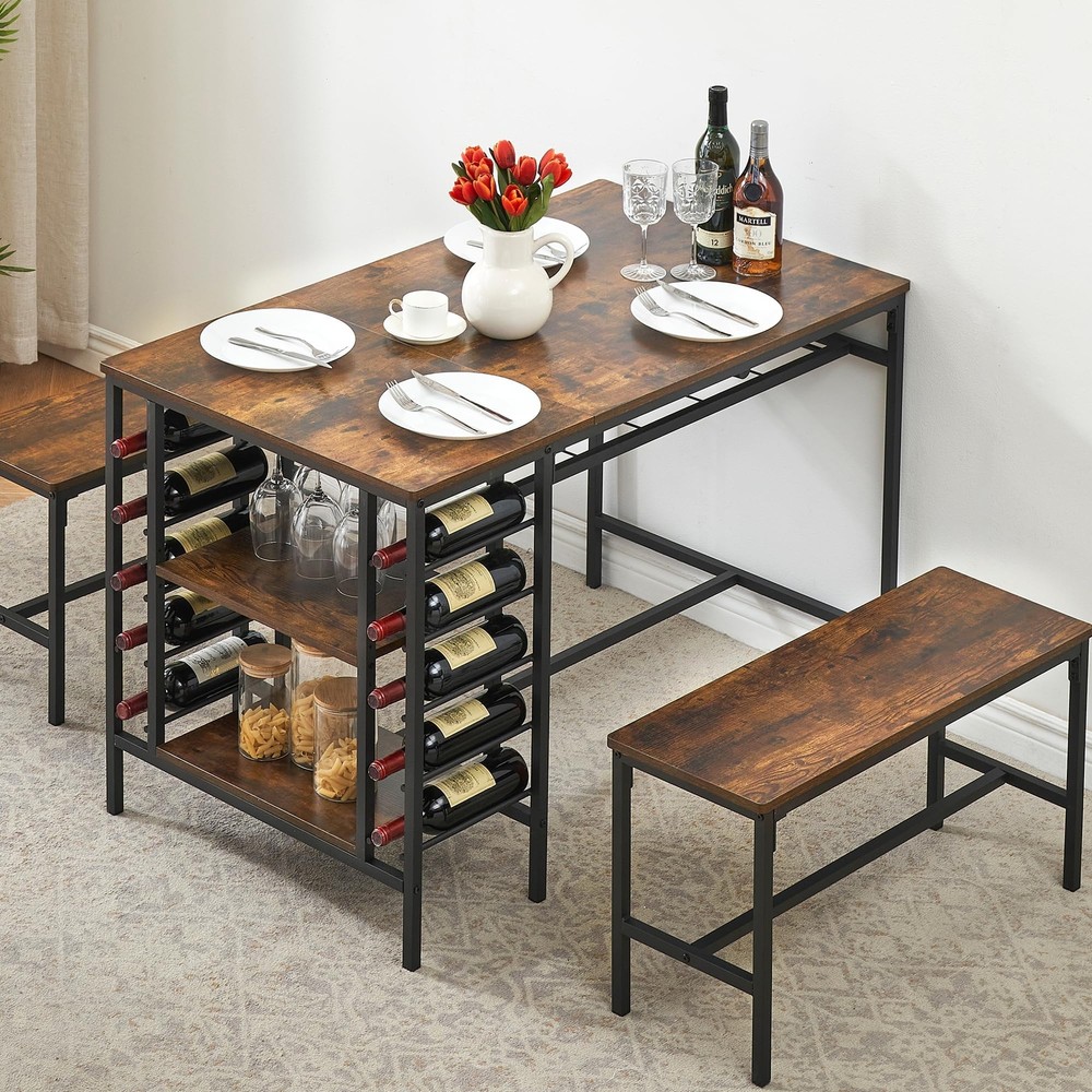 3 Piece Dining Table Set ,Kitchen Table and Benches & Wine Rack, for Small Space