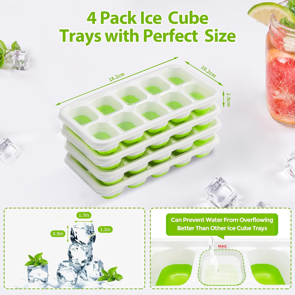 DOQAUS Ice Cube Tray with Lids - 4 Pack Stackable Silicone Ice Trays for Freezer
