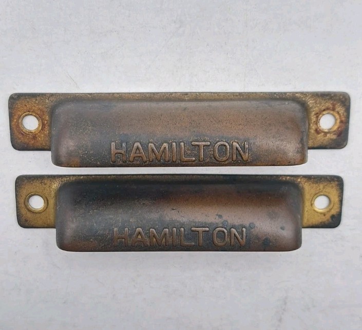 Antique Bin Pulls Drawer Printers Cabinet Hamilton Handle Brass Hardware Pair