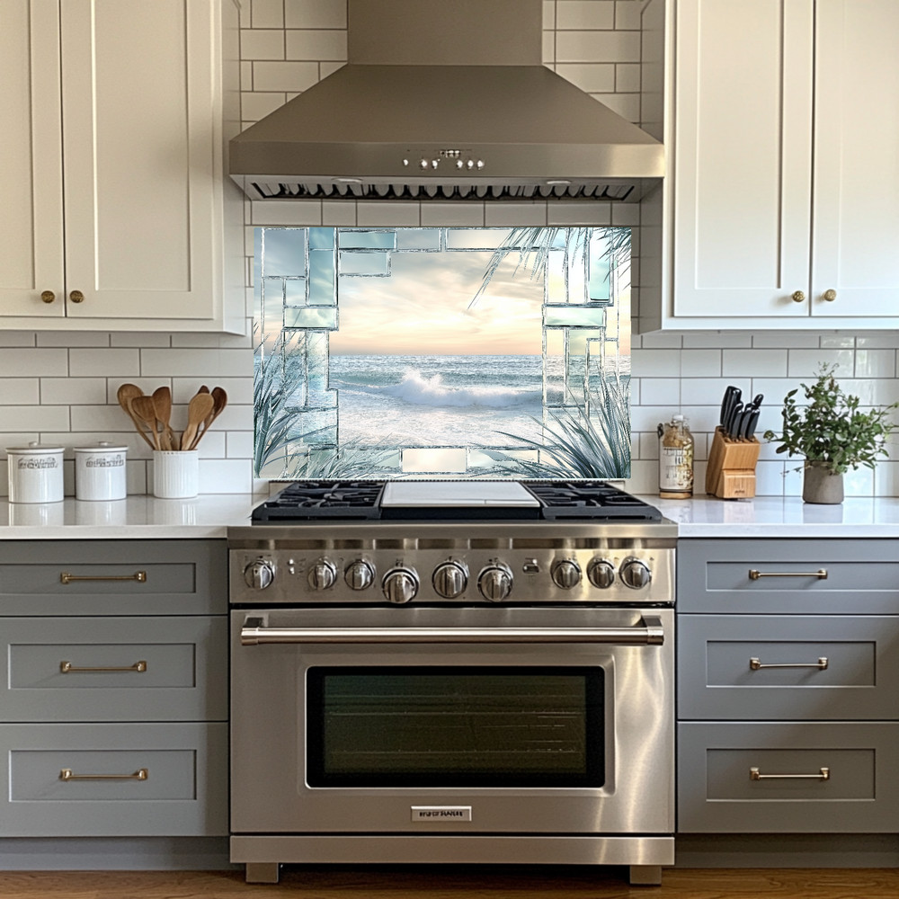Ocean Landscape Scene Printed Tempered Glass Kitchen Backsplash Splashback Decor