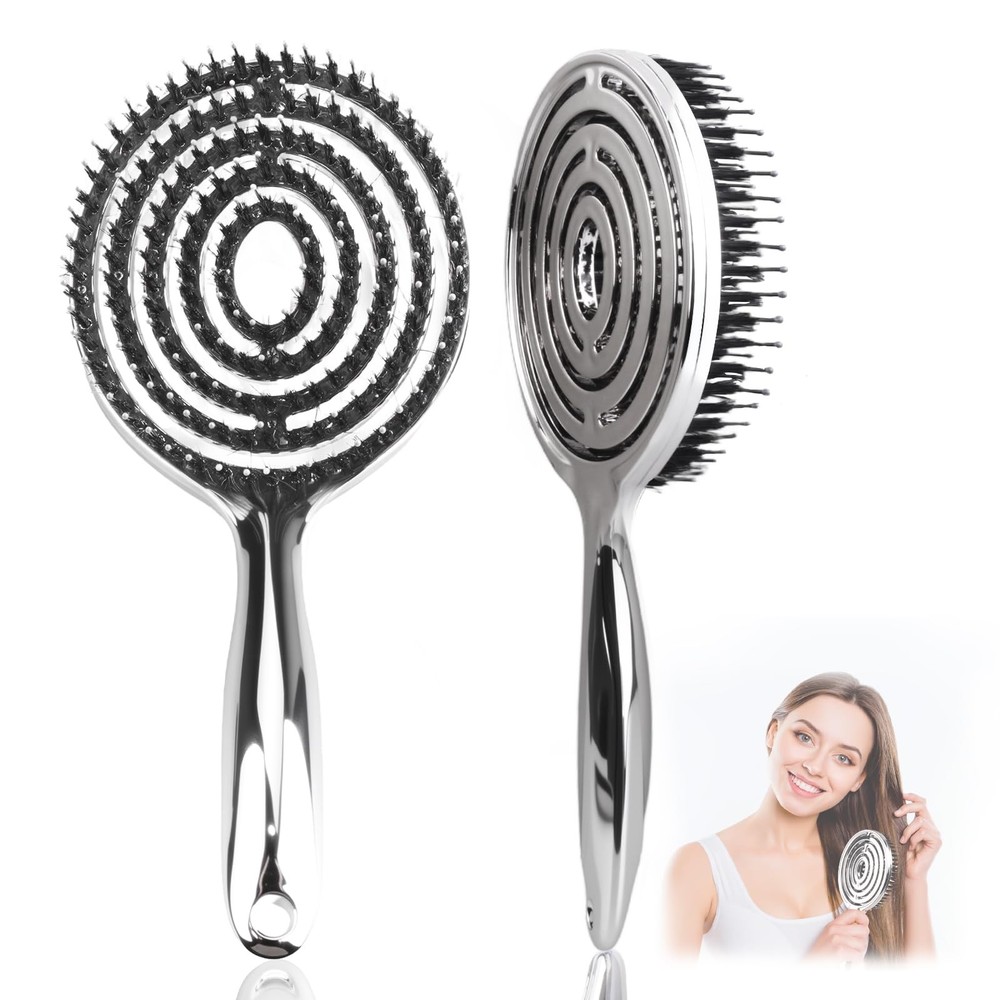 Boar Bristle Hair Brush – Double Layer Elastic & Nylon silver