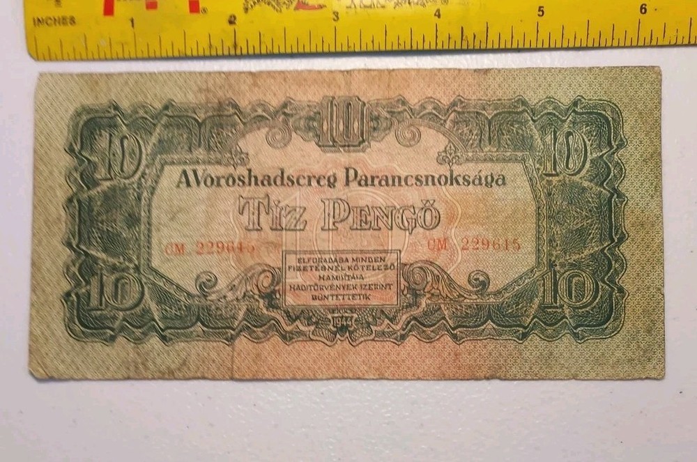 Old 1944 Hungary/ Russian Occupation 10 Pengo WWII Note