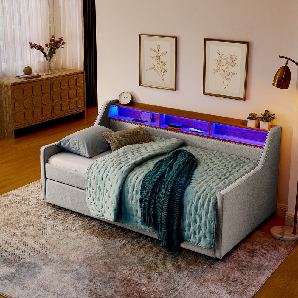Twin Size Upholstery Sofa Bed with Three LED lights, with Storage Adjustable Hea
